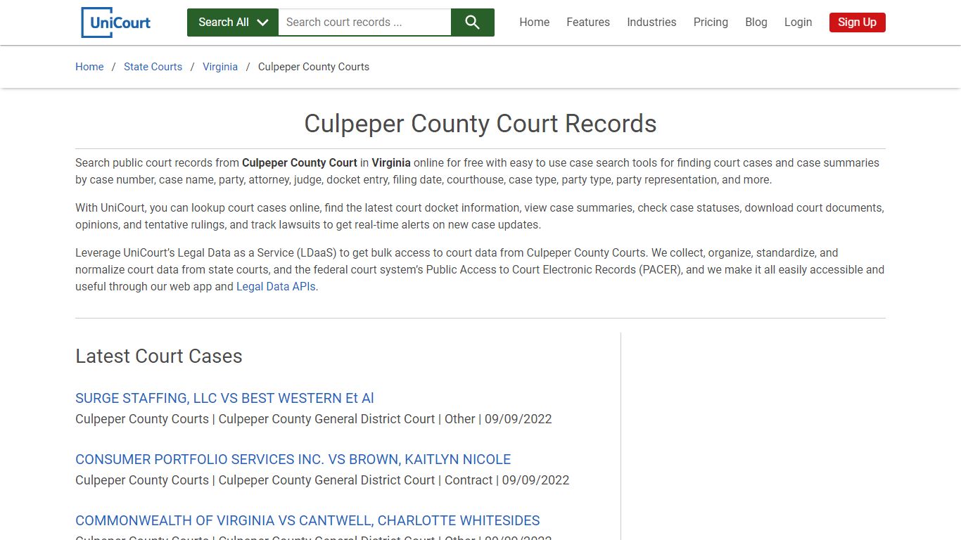 Culpeper County Court Records | Virginia | UniCourt